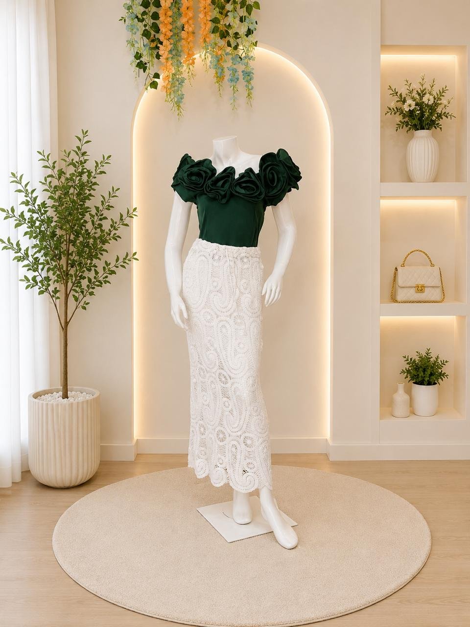 Emerald Rosette Top White Lace Set