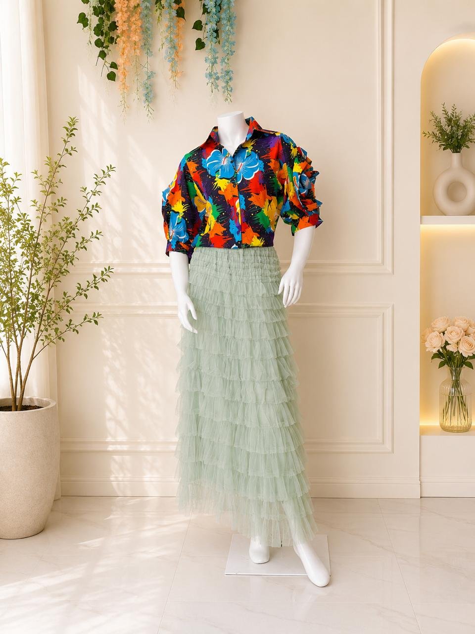 Multicolor Splash Shirt Sage Skirt