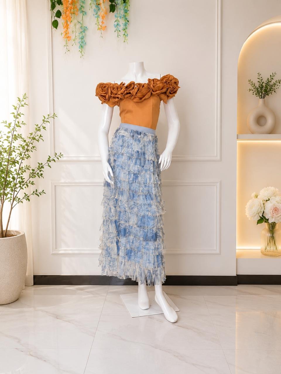 Ochre Rosette Printed Tulle Set