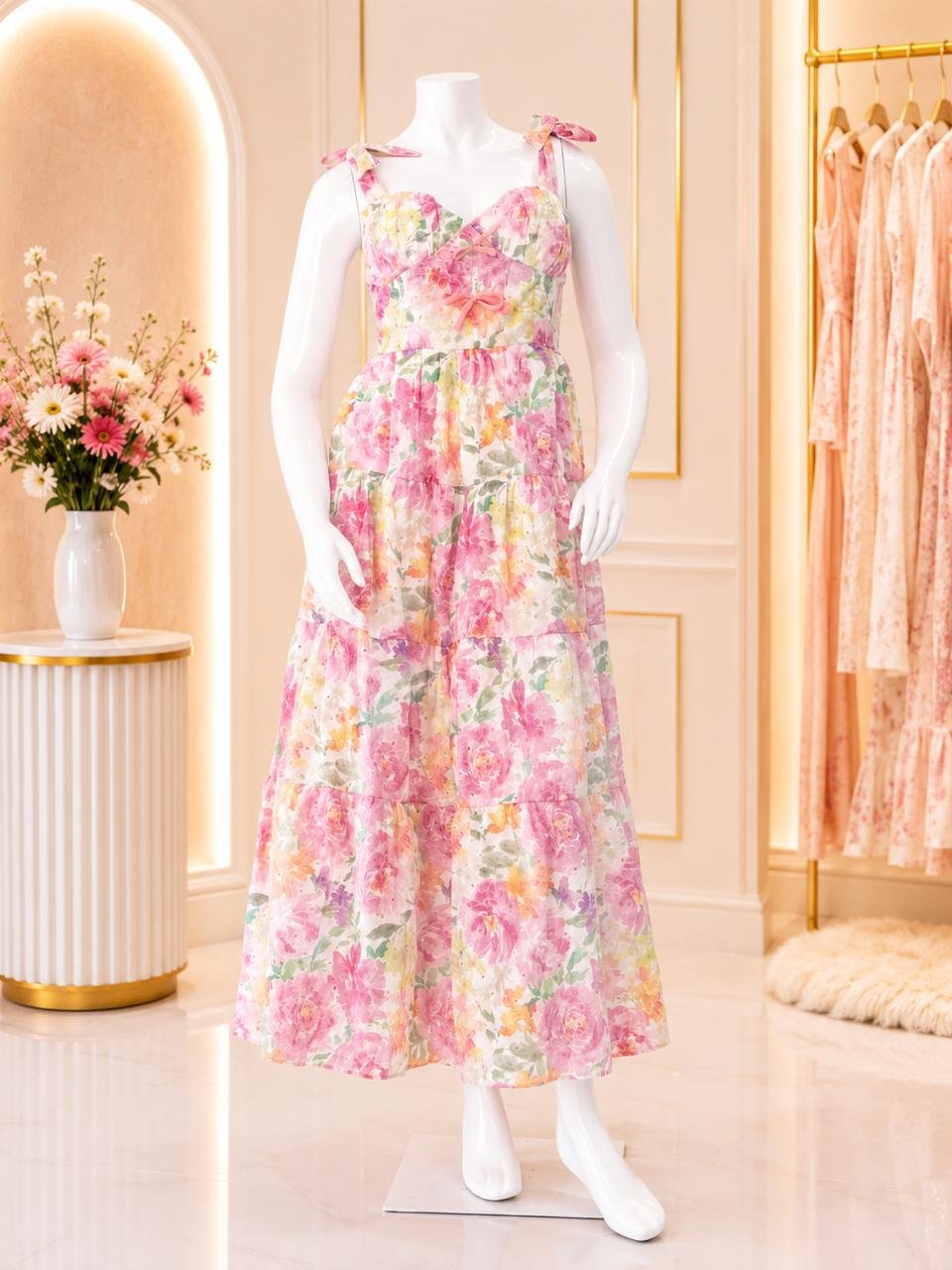 Pastel Pink Floral Tiered Maxi Dress