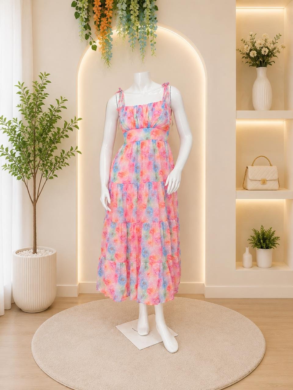 Pastel Watercolor Floral Tiered Maxi Dress