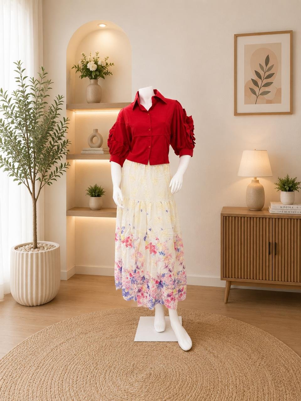 Red Ruffle Shirt Floral Maxi Skirt