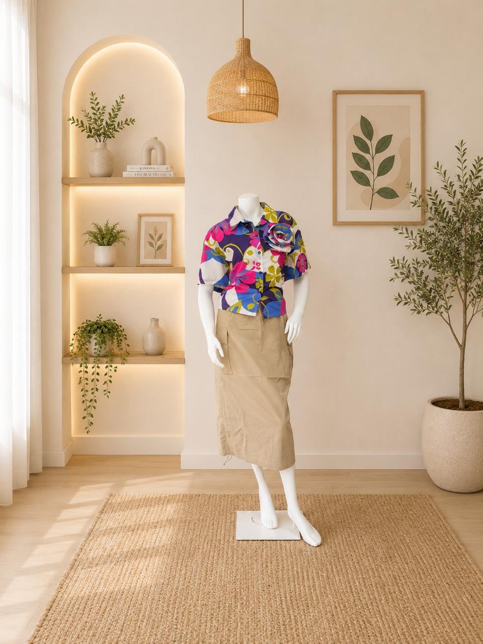Retro Floral Shirt Khaki Skirt